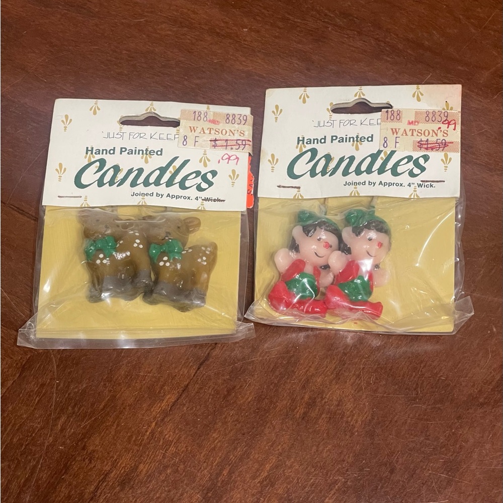 Hand painted  elves & reindeer candles vintage